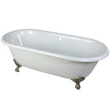 Kingston Brass 66" Cast Iron Double Ended Clawfoot Bathtub w/o Faucet Drillings - White With Brushed Nickel Tub Feet - VCTND663013NB8