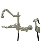 Kingston Brass Two Handle Widespread Wall Mount Kitchen Faucet & Side Spray - Brushed Nickel - KS1248ALBS