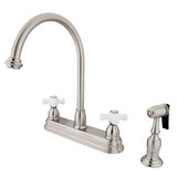 Kingston Brass Two Handle Widespread Kitchen Faucet & Brass Side Spray - Brushed Nickel KB3758PXBS