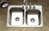 Hamat REVIVE 33'' x 22'' Top Mount Kitchen Sink Double Bowl - 3 Holes - Stainless Steel