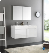 Fresca FVN8012WH Mezzo 48" White Wall Hung Double Sink Modern Bathroom Vanity w/ Medicine Cabinet