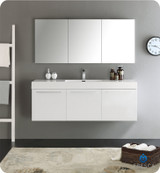 Fresca FVN8093WH Vista 60" White Wall Hung Single Sink Modern Bathroom Vanity w/ Medicine Cabinet