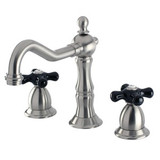 Kingston Brass Two Handle Widespread Lavatory Faucet With Black Porcelain Cross Handle - Satin Nickel KS1978PKX