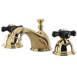 Kingston Brass Two Handle Widespread Lavatory Faucet With Black Porcelain Cross Handle - Polished Brass - KS3962PKX