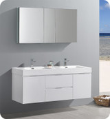 Fresca Senza Valencia 60" Glossy White Wall Hung Double Sink  Bathroom Vanity w/ Medicine Cabinet