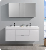 Fresca Senza Valencia 60" Glossy White Wall Hung Double Sink  Bathroom Vanity w/ Medicine Cabinet