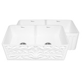 Whitehaus WHFLGO3318-WHITE Farmhaus Fireclay Reversible Double Bowl Sink with Gothichaus Swirl Design or Fluted Front Apron - White - 33 inch