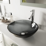 Vigo VGT252 Sheer Black Glass Vessel Bathroom Sink Set With Duris Vessel Faucet In Chrome - 16 1/2 inch