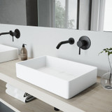 Vigo VGT993 Magnolia Matte Stone Vessel Bathroom Sink Set With Olus Wall Mount Faucet In Matte Black