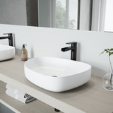 Vigo Jasmine Matte Stone Vessel Bathroom Sink Set With Amada Faucet In Matte Black - 18 1/8 inch
