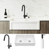 Vigo VG15805 All-In-One 33" Casement Front Matte Stone Double Bowl Farmhouse Apron Kitchen Sink Set With Gramercy Faucet In Matte Black, Two Strainers And Soap Dispenser