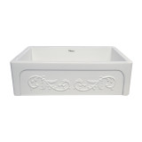 Whitehaus WHSIV3333-WHITE Glencove St. Ives 33" Apron Front Fireclay Sink  with Intricate Vine Design on one side & Elegant Beveled Front on Opposite Side