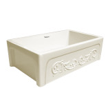 Whitehaus WHSIV3333-BISCUIT Glencove St. Ives 33" Apron Front Fireclay Sink  with Intricate Vine Design on one side & Elegant Beveled Front on Opposite Side