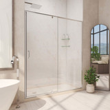 DreamLine Flex 34 in. D x 60 in. W x 74 3/4 in. H Semi-Frameless Pivot Shower Door in Chrome with Left Drain Biscuit Base Kit
