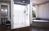 DreamLine Flex 34 in. D x 60 in. W x 76 3/4 in. H Semi-Frameless Shower Door in Chrome with Right Drain White Base and Backwalls