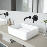 Vigo VGT995 Jasmine Matte Stone Vessel Bathroom Sink Set With Olus Wall Mount Faucet In Matte Black - 15 5/8 inch