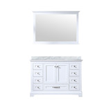 Lexora Dukes 48 Inch White Single Vanity Cabinet, White Carrara Marble Top, White Square Sink and 46 Inch Mirror