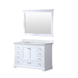 Lexora Dukes 48 Inch White Single Vanity Cabinet, White Carrara Marble Top, White Square Sink and 46 Inch Mirror