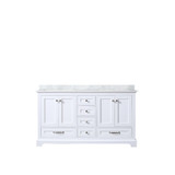Lexora Dukes 60 Inch White Double Vanity Cabinet, White Carrara Marble Top, White Square Sinks and no Mirror