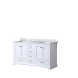 Lexora Dukes 60 Inch White Double Vanity Cabinet, White Carrara Marble Top, White Square Sinks and no Mirror