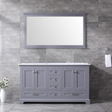 Lexora Dukes 60 Inch Dark Grey Double Vanity, White Carrara Marble Top, White Square Sinks and 58 Inch Mirror
