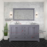 Lexora Dukes 60 Inch Dark Grey Double Vanity Cabinet, White Carrara Marble Top, White Square Sinks and 58 Inch Mirror