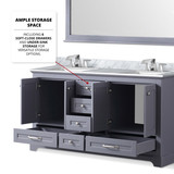 Lexora Dukes 60 Inch Dark Grey Double Vanity Cabinet, White Carrara Marble Top, White Square Sinks and 58 Inch Mirror