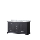Lexora Dukes 60 Inch Espresso Double Vanity Cabinet, White Carrara Marble Top, White Square Sinks and no Mirror