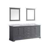 Lexora Dukes 80 Inch Dark Grey Double Vanity Cabinet, White Carrara Marble Top, White Square Sinks and 30 Inch Mirrors