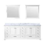 Lexora Dukes 84 Inch White Double Vanity Cabinet, White Carrara Marble Top, White Square Sinks and 34 Inch Mirrors