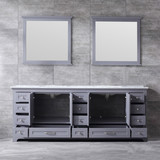 Lexora Dukes 84 Inch Dark Grey Double Vanity, White Carrara Marble Top, White Square Sinks and 34 Inch Mirrors