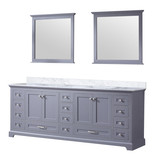 Lexora Dukes 84 Inch Dark Grey Double Vanity Cabinet, White Carrara Marble Top, White Square Sinks and 34 Inch Mirrors