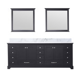 Lexora Dukes 84 Inch Espresso Double Vanity Cabinet, White Carrara Marble Top, White Square Sinks and 34 Inch Mirrors