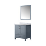 Lexora Jacques 30 Inch Dark Grey Single Vanity Cabinet, White Carrara Marble Top, White Square Sink and 28 Inch Mirror