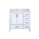 Lexora Jacques 36 Inch White Single Vanity Cabinet, White Carrara Marble Top, White Square Sink and no Mirror - Left Version
