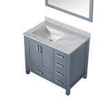 Lexora Jacques 36 Inch Dark Grey Single Vanity Cabinet, White Carrara Marble Top, White Square Sink and 34 Inch Mirror - Left Version