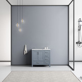 Lexora Jacques 36 Inch Dark Grey Single Vanity, White Carrara Marble Top, White Square Sink and no Mirror - Left Version