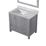Lexora Jacques 36 Inch Distressed Grey Single Vanity Cabinet, White Carrara Marble Top, White Square Sink and 34 Inch Mirror - Left Version
