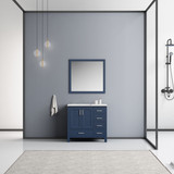 Lexora Jacques 36 Inch Navy Blue Single Vanity, White Carrara Marble Top, White Square Sink and 34 Inch Mirror - Left Version