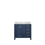 Lexora Jacques 36 Inch Navy Blue Single Vanity Cabinet, White Carrara Marble Top, White Square Sink and no Mirror - Left Version
