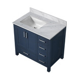 Lexora Jacques 36 Inch Navy Blue Single Vanity Cabinet, White Carrara Marble Top, White Square Sink and no Mirror - Left Version