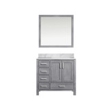 Lexora Jacques 36 Inch Distressed Grey Single Vanity Cabinet, White Carrara Marble Top, White Square Sink and 34 Inch Mirror - Right Version