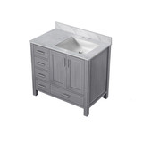 Lexora Jacques 36 Inch Distressed Grey Single Vanity Cabinet, White Carrara Marble Top, White Square Sink and no Mirror - Right Version