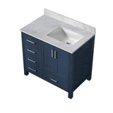 Lexora Jacques 36 Inch Navy Blue Single Vanity Cabinet, White Carrara Marble Top, White Square Sink and no Mirror - Right Version