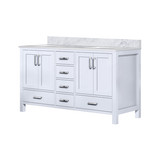 Lexora Jacques 60 Inch White Double Vanity Cabinet, White Carrara Marble Top, White Square Sinks and no Mirror