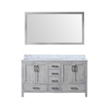 Lexora Jacques 60 Inch Distressed Grey Double Vanity Cabinet, White Carrara Marble Top, White Square Sinks and 58 Inch Mirror