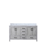 Lexora Jacques 60 Inch Distressed Grey Double Vanity Cabinet, White Carrara Marble Top, White Square Sinks and no Mirror