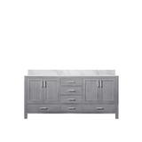 Lexora Jacques 72 Inch Distressed Grey Double Vanity Cabinet, White Carrara Marble Top, White Square Sinks and no Mirror