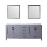 Lexora Jacques 80 Inch Dark Grey Double Vanity Cabinet, White Carrara Marble Top, White Square Sinks and 30 Inch Mirrors