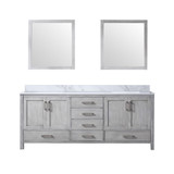 Lexora Jacques 80 Inch Distressed Grey Double Vanity Cabinet, White Carrara Marble Top, White Square Sinks and 30 Inch Mirrors